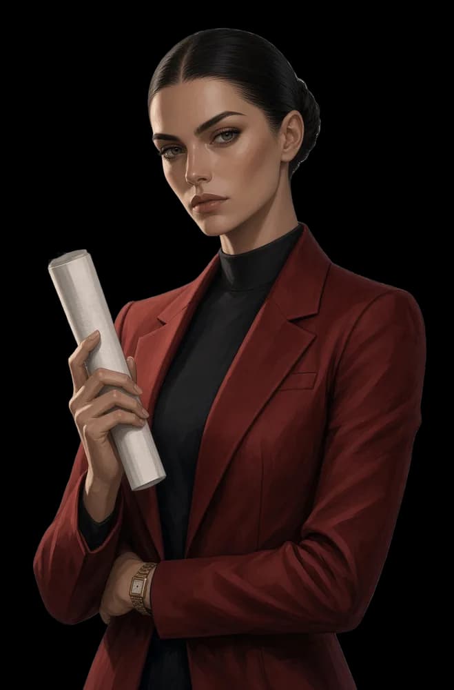 Dana Voss, in a brick-red blazer, holding a printed email.